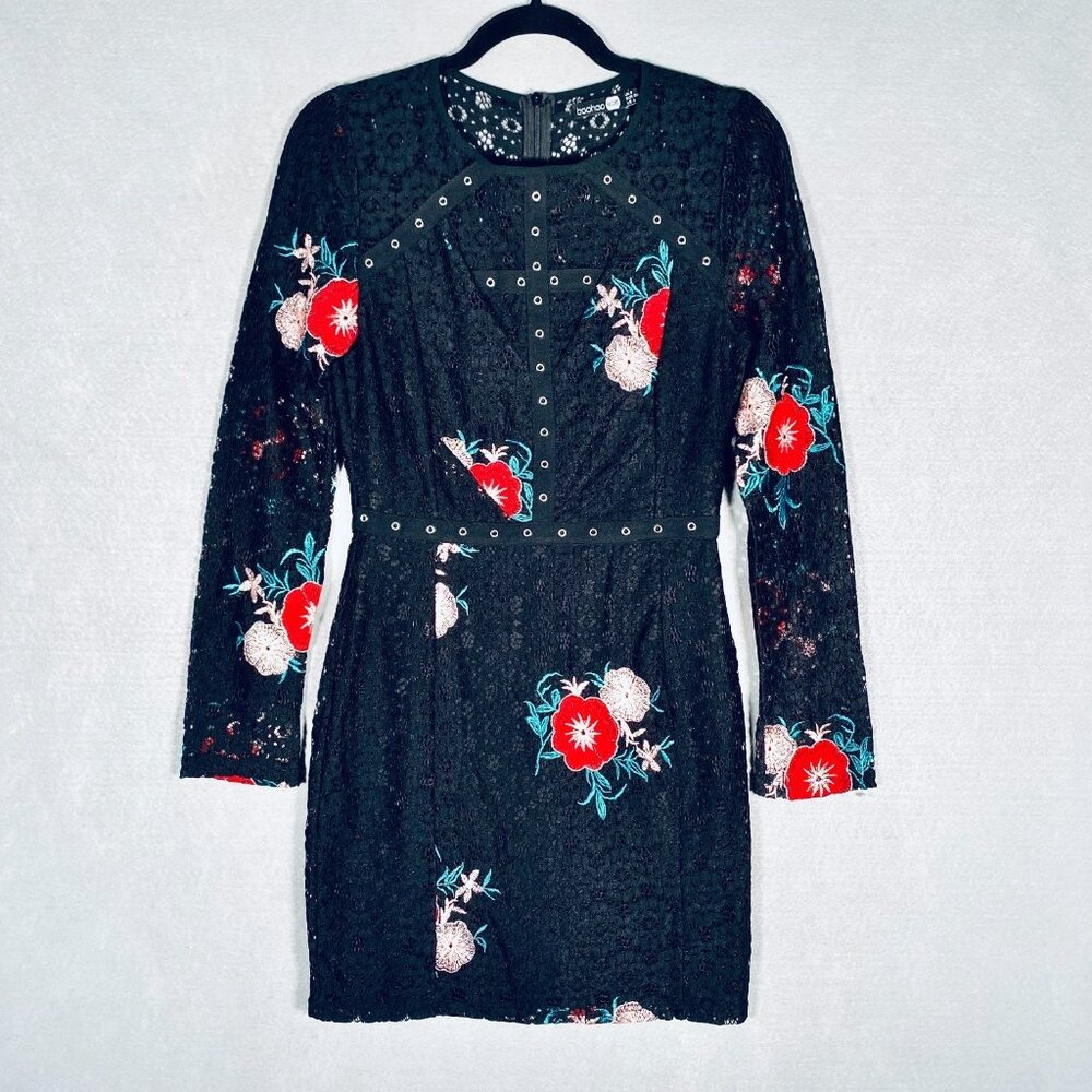 Boohoo Lace Dress Womens 4 Black Long Sleeve Knee Length Cottage Whimsygoth